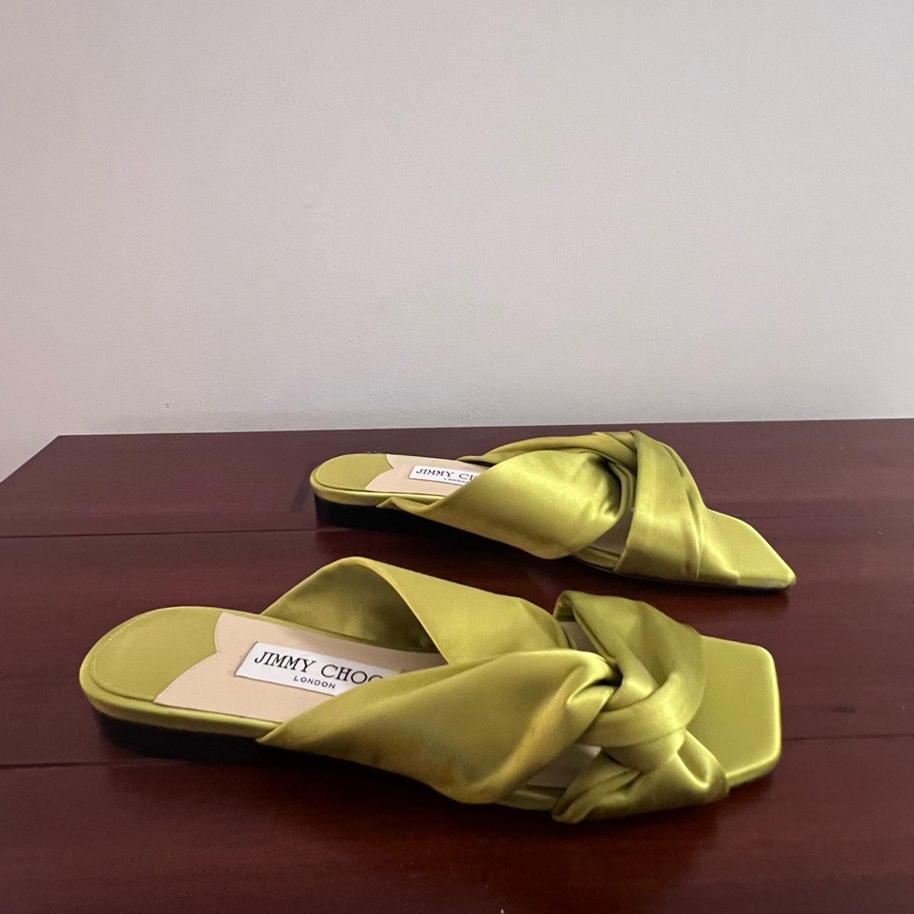 Jimmy Choo Narisa Chartreuse Satin Twist Flat Slide Sandal  - Brand New